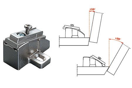 Concealed European Hinges | +10° to +30° Angled Mounting Plate – EACH (Slide-on, Screw-in, Die-Cast) Cabinet Hardware Concealed European Hinges