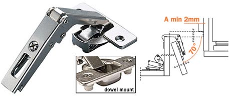 Concealed European Hinges | 70° Pie-Cut Corner Hinge – EACH (Self-Closing, Doweled) Cabinet Hardware Concealed European Hinges